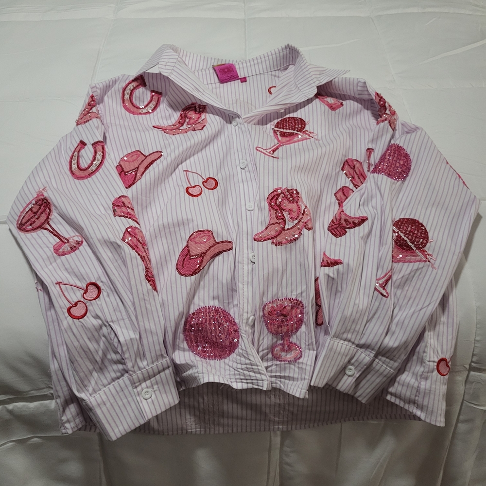 Queen Of Sparkles Pink Sequin Western Motif Button-Up Shirt